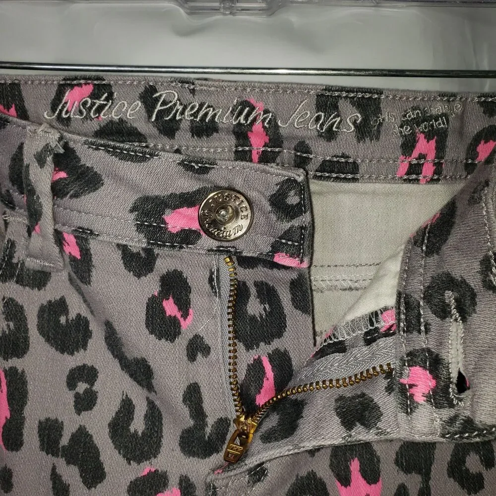 JUSTICE Gray Stretch Jeans with Pink and Black Leopard Spots Girls Size 16R